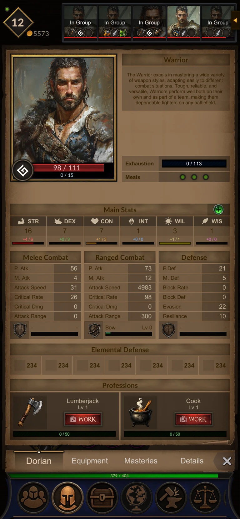 A character sheet showing attributes, combat stats and professions.