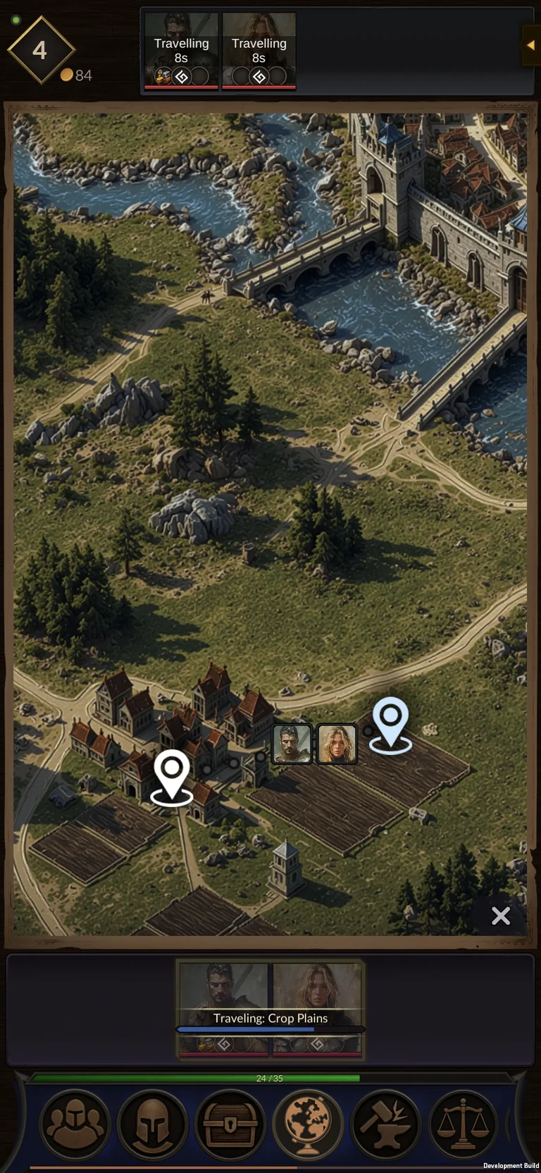 A group travelling through farmland outside a walled city.