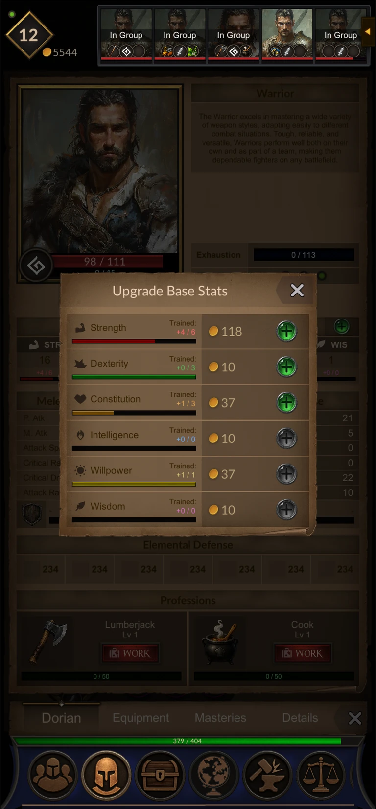 The attribute training screen for improving a character.
